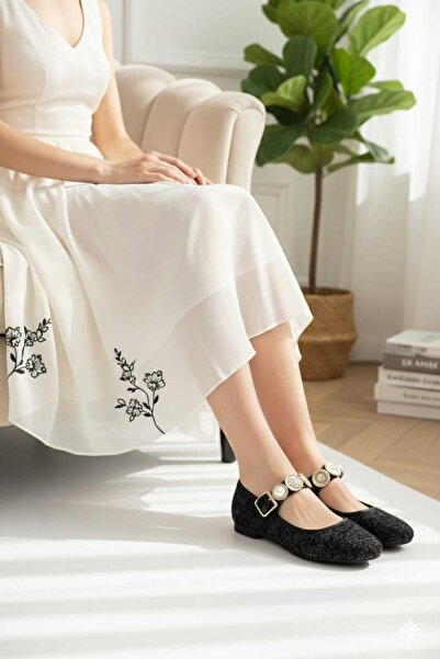 Victoria Kadın Siyah Simli Tokalı Taş Detaylı Babet Ayakkabı | Şık Rahat Günl...