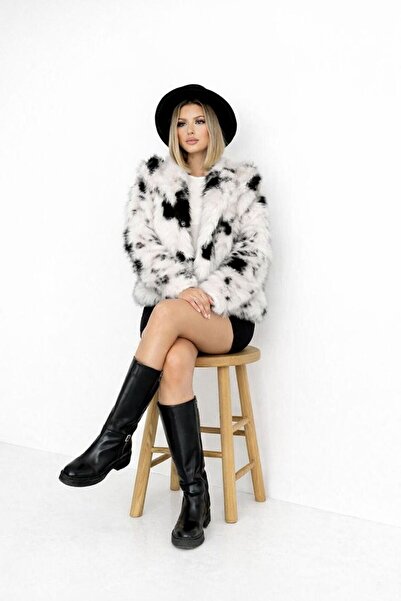 SEEF WOMEN Kadın Siyah Beyaz Desenli Suni Kürk