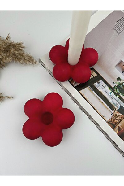 Ca.Gi El Yapımı 3Lü Çiçek Figürlü 2Li Kırmızı Dekoratif Şamdan & Mumluk Seti