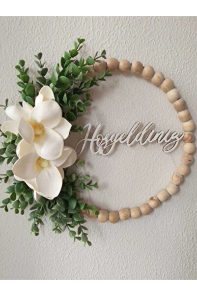 bemdesign Ahşap Boncuklu Manolya Kapı Süsü (Hoşgeldiniz-Welcome)