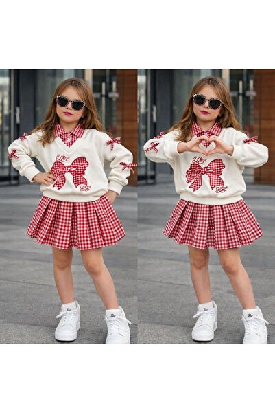 KOKOŞ BEBEK Σετ για κορίτσια με λεπτομέρεια στο γιακά, φούτερ και καρό φούστα...