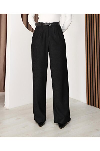 Moda Banuş Women's Buttoned Corded Fabric Velvet Palazzo Trousers with Belt Gift
