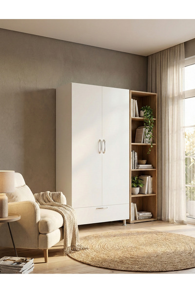 ARCOSTA 2 Kapaklı Çekmeceli Gardırop | Raflı Askılıklı Beyaz Elbise Dolabı (9...
