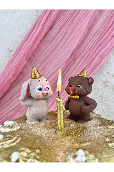 Ca.Gi El Yapımı Mum Üfleyen Ayıcık&Tavşan Figürlü Pasta Süsü Seti / Doğum Gün...