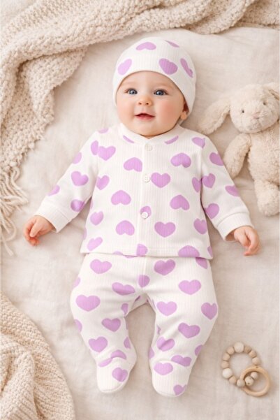 Pure Boutique Бебешки комплект от 3 части, памучни, лилави, сърца, блуза, пан...
