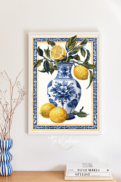 tablodea Şık Akdeniz Tarzı Limon Desenli Çini ve Vazolu Mutfak Tablosu YD Pin...