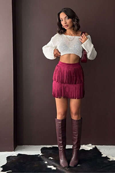 Caddebostan Moda Burgundy Tasseled Scuba Skirt Modern Premium Luxury Trend De...