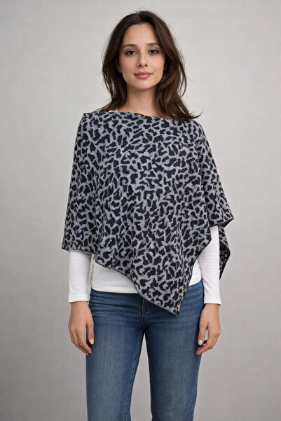 Sebir Moda Ακρυλικό πόντσο πλεκτό με ασύμμετρη κοπή και σχέδιο λεοπάρ