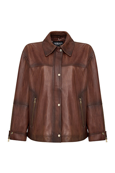 Derimod Britney Women's Brown Shirt Collar Oversized Leather Coat 25Wge5629Nc