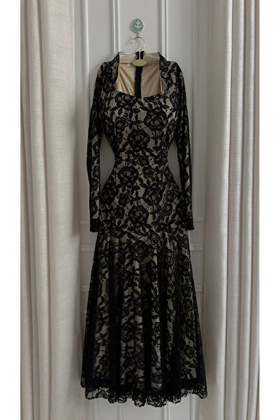 hind fashion black lace midi dress