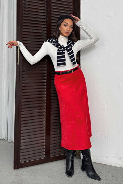 Caddebostan Moda Red Scuba Suede Skirt Modern Premium Luxury Trend Design Skirt