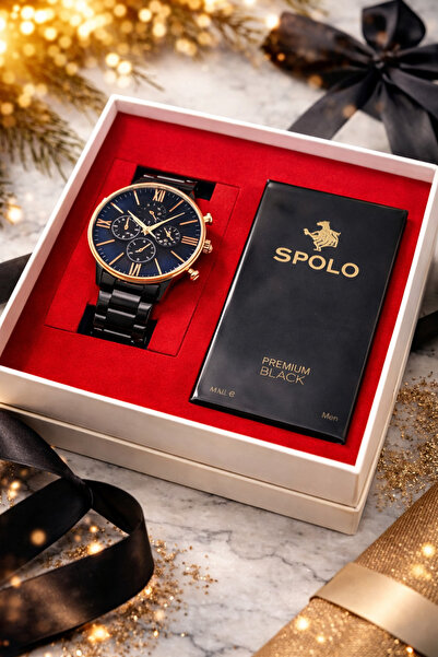 S.POLO HEDİYELİK KUTULU ERKEK KOL SAATİ 50ML BLACK PREMIUM ERKEK PARFÜM SEVGİ...