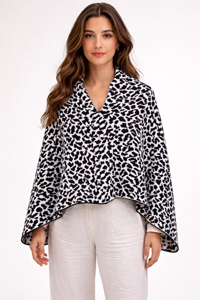 Sebir Moda Ακρυλικό πόντσο πλεκτό με ασύμμετρη κοπή και σχέδιο λεοπάρ