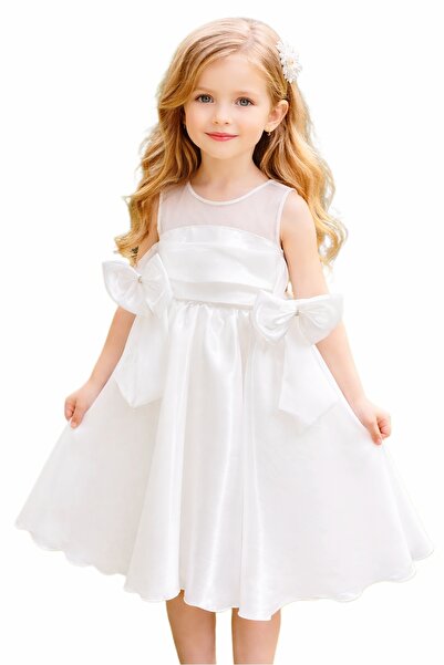 Style Sleeveless White Satin Flower Girl Dress with Illusion Neckline