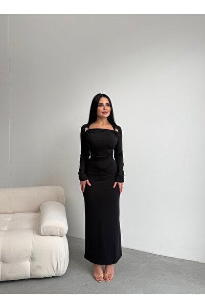 KAMACI BUTİK KARE YAKA OMUZ DETAYLI ELBİSE