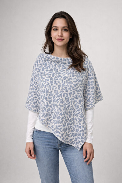 Sebir Moda Ακρυλικό πόντσο πλεκτό με ασύμμετρη κοπή και σχέδιο λεοπάρ