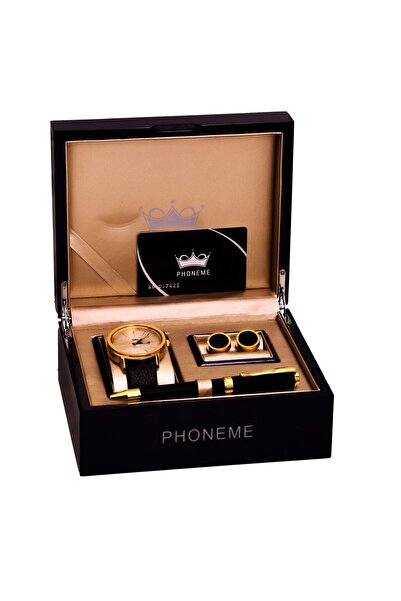 phoneme Funim Men's Black and Gold Leather Watch Set