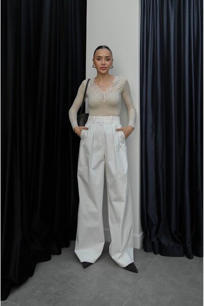 Havoş Λευκό παντελόνι με διπλές πιέτες και ψηλή μέση