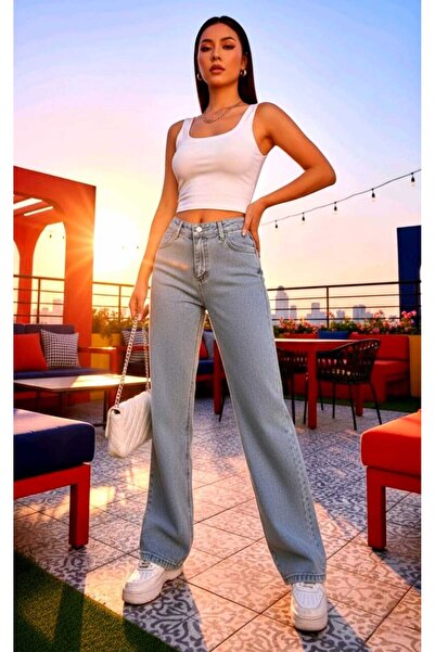 Ramrod Kira Light Blue Snow Stretch Fabric Super High Waist Loose Leg Denim P...