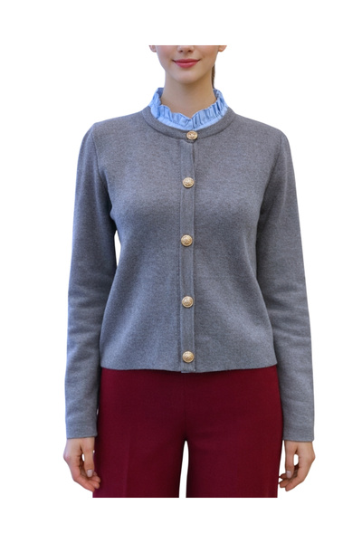 Qualia Butik Women's Ruffle Shirt Collar Look Soft Gold Button Detail Cardigan