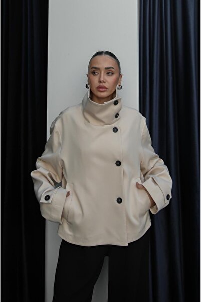 Havoş Beige Breda Mock Neck Buttoned Jacket