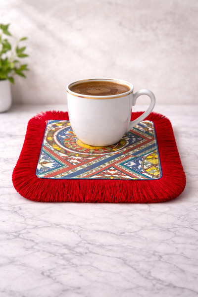 Karam Home Güneş Desenli Kırmızı Püsküllü Kahve Yanı Sunum Peçetesi