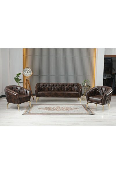 KIEZ Kahve Deri Gold Ayaklı Chaster Ofis Koltuk Takımı Makam Koltuk Takımı De...