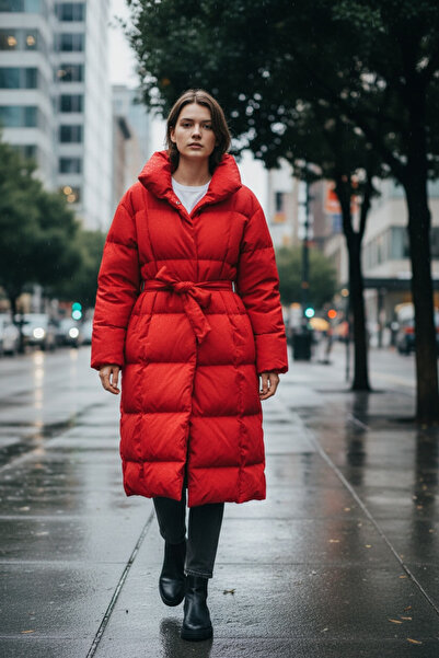 FEG STORE Kadın Dik Yaka Kuşaklı Maxi Boy Şişme Mont