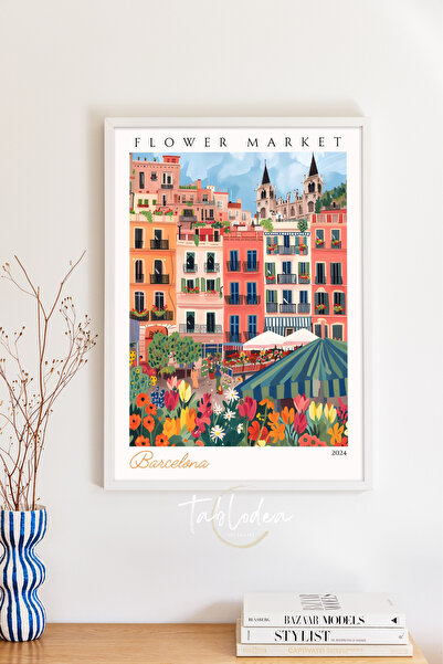 tablodea Pictură retro cu flori din Piața de flori din Barcelona, ​​colorată,...
