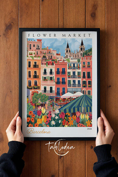 tablodea Pictură retro cu flori din Piața de flori din Barcelona, ​​colorată,...