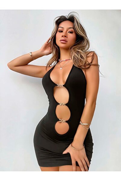 Bilian Women's Black Halter Neck Mini Dress with Chain Accessory Detail