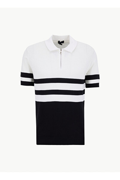 Fabrika Polo Yaka Slim Fit Çizgili Siyah - Beyaz Erkek Kazak F6SM-KZK 2550