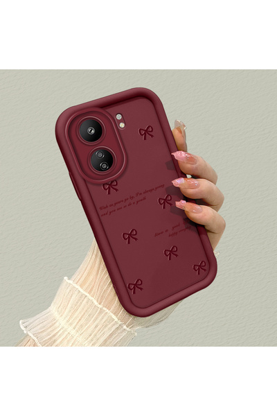 SLIMFELT Redmi 13C Uyumlu Trendy Kaliteli Bordo Renk Kurdele Silikon Kılıf Şo...