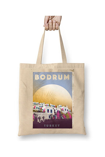 Toyaso Bodrum Muğla Tourist Sightseeing Holiday White Cloth Bag Long Handle S...