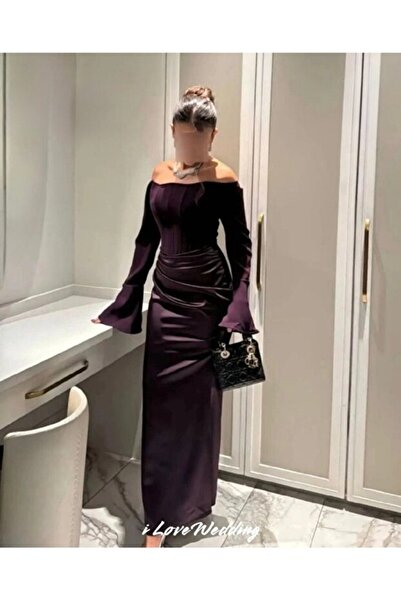 Zarkasha Dark mauve evening dress | Off-the-shoulder and cinched waist