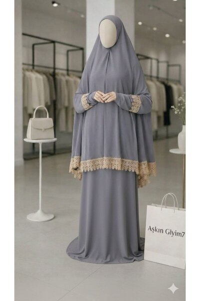aşkın gıyım7 namazlık İki parça etekli dantelli kadın namaz elbisesi düz renk
