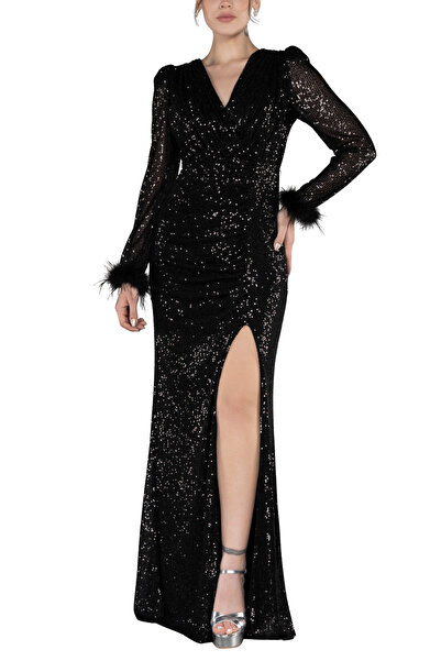 Arden Uzun Payetli Abiye, Lacivert, Siyah, Ekru Pullu V Yaka, Uzun Kol Yırtma...