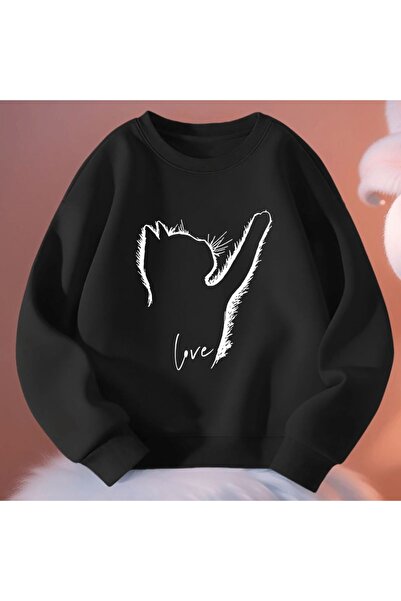 Kids Hanorac pentru copii de iarnă cu imprimeu Love Cat, negru