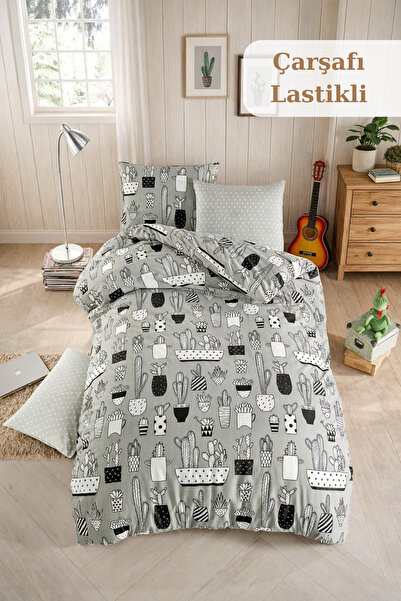 Cottonest Cactus Patterned Gray Double Duvet Cover Set with Elastic Sheets