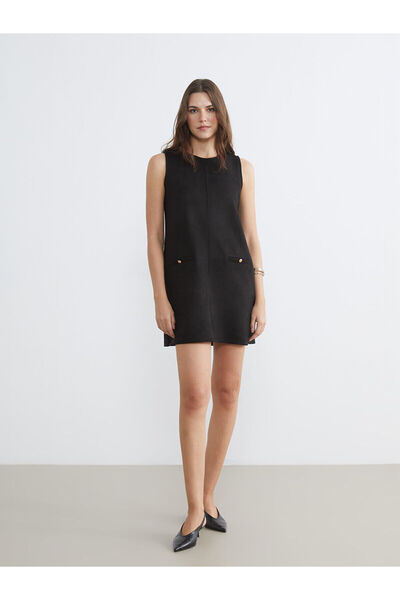 LC Waikiki Black crew neck suede look mini dress