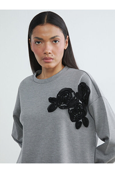 LC Waikiki Anthracite Floral Appliqué Oversized Women's Sweatshirt Tunic