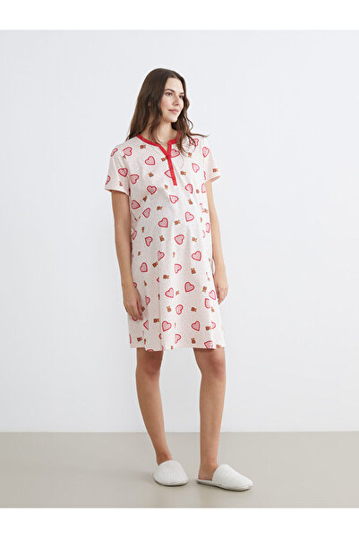 LC Waikiki Pink Scoop Neck Heart Patterned Maternity Nightgown
