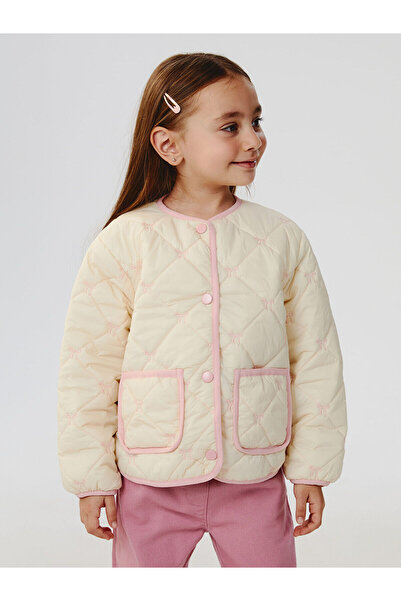 LC Waikiki Beige bow embroidered girl's coat