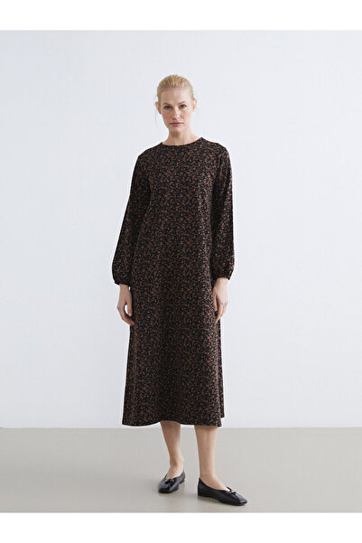 LC Waikiki Lcw Grace Brown Oval Collar Patterned Dress with Nevavm Difference...