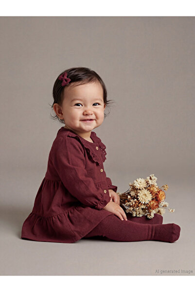 LC Waikiki Burgundy Fisto Detailed Buttoned Baby Girl Dress