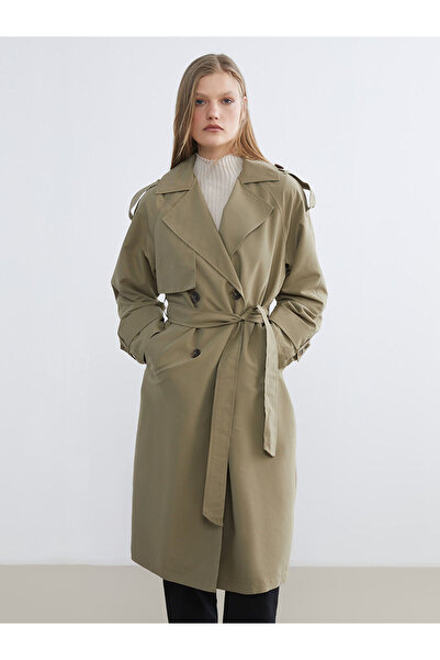 LC Waikiki Khaki Double-Breasted Collar Women's Trench Coat