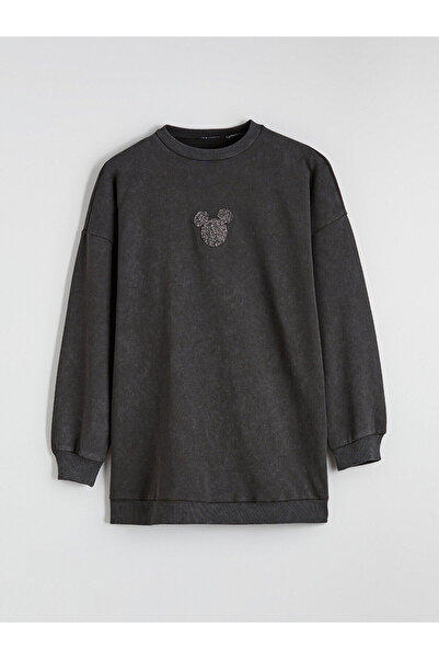 LC Waikiki Anthracite Mickey Mouse Embroidered Women's Thick Sweatshirt Tunic