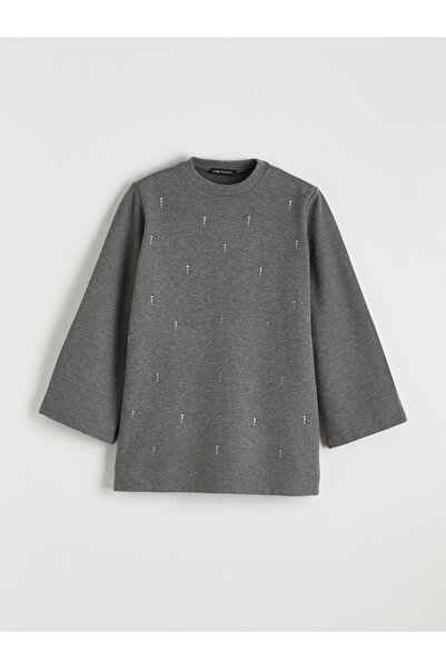 LC Waikiki Antrasit Bisiklet Yaka Taşlı Kadın Sweatshirt Tunik