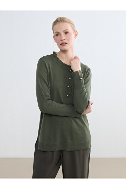 LC Waikiki Khaki Ruffled Stand Collar Women's Knitwear Sweater