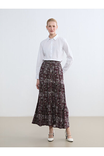 LC Waikiki Burgundy Elastic Waist Patterned Skirt